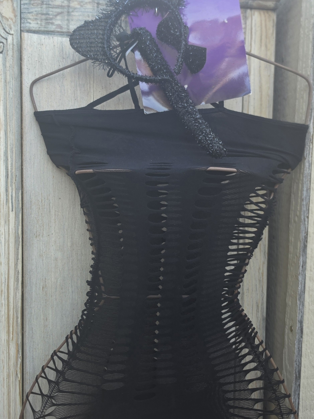 Black Distressed Fishnet Bodycon Dress Women Come With Cat Ears Tail And Bow Tie